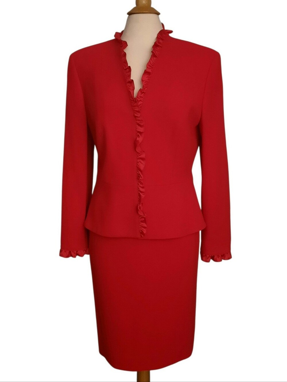 ESCADA Red Wool Crepe Silk Ruffle Trim Jacket & Pencil Skirt Set Sz 42/44 US L